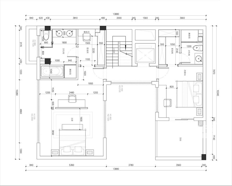 泰禾福州院子新房装修-550平米别墅轻奢新中式风格案例-10室3厅7卫户型解析-二层