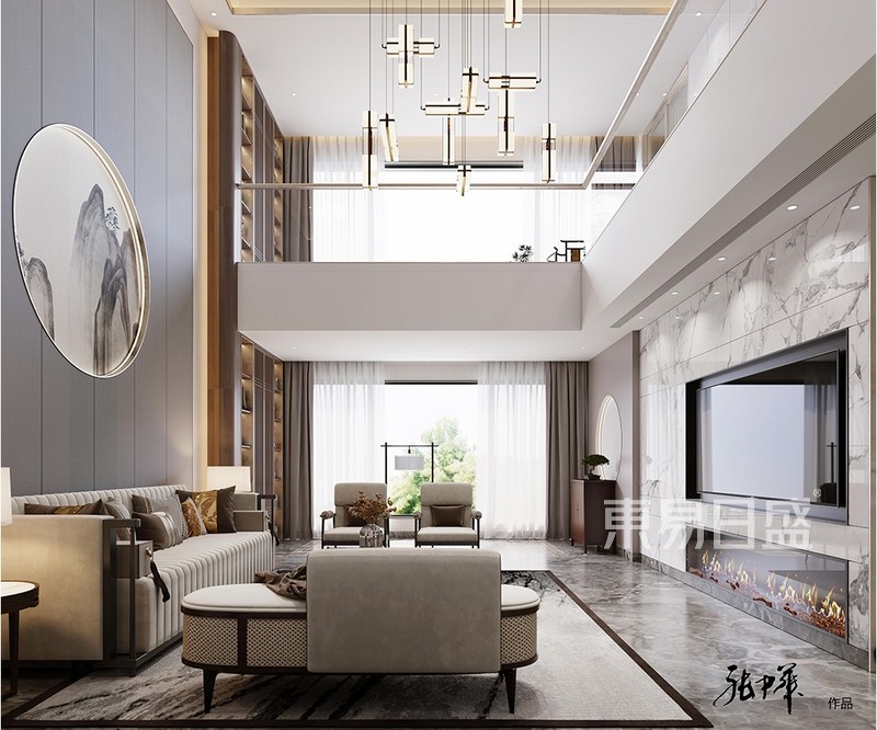 华侨城原岸-现代新中式-290平米复式装修客厅效果图